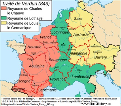 Верденский договор (843 г.):разделение Каролингской империи. 