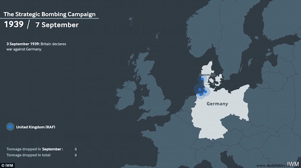 Un mapa animado que muestra los bombardeos aliados en Europa occidental durante la Segunda Guerra Mundial. 