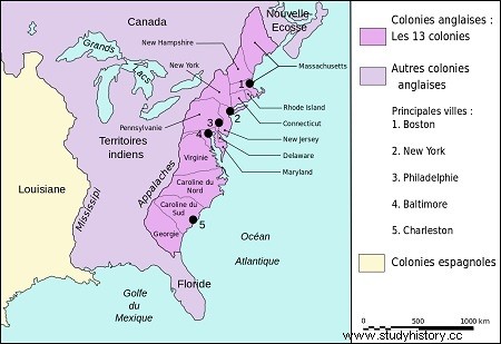 Контекст:тринадцать британских колоний около 1775 года. 